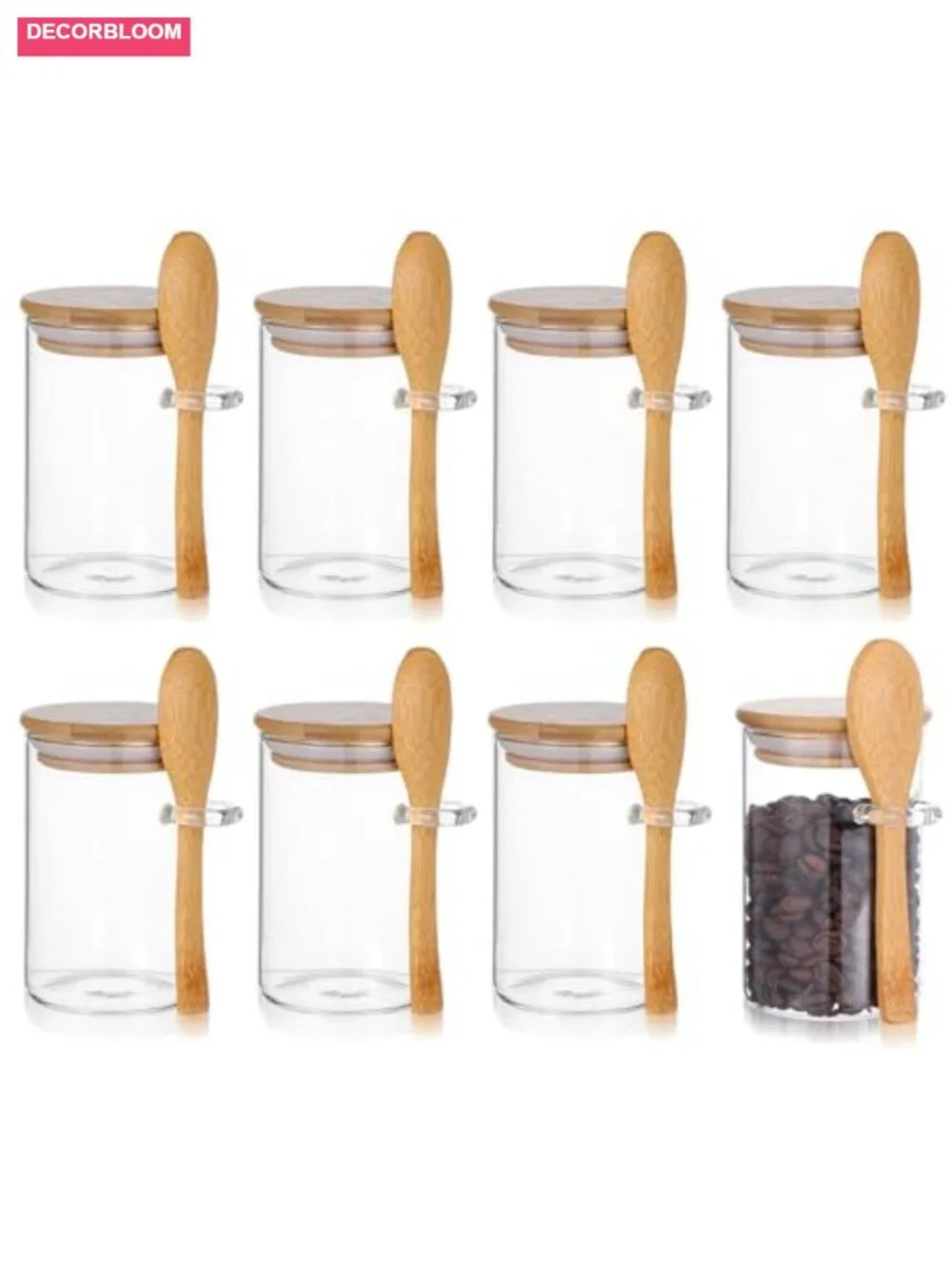 Set of 8 Airtight Glass Jars with Bamboo Lids and Spoons for Kitchen Storage